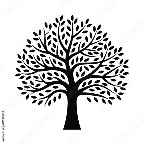 Simple black silhouette of a full leafy tree with a thick trunk