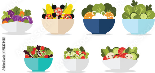 Fresh vegetable salad bowls collection. Colorful healthy lunch meals. Mixed greens, corn, tomatoes and cucumbers. Flat food vector illustration pack.