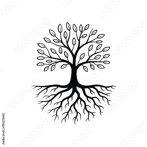 Stylized black and white illustration of a tree with detailed roots