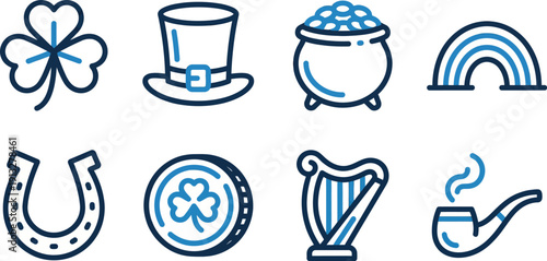 St Patricks Day luck icons set blue dual tone flat vector symbols of shamrock leprechaun hat pot of gold lucky horseshoe rainbow holiday celebration traditional minimalist