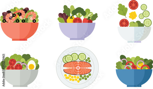 Healthy salad bowl collection set. Fresh vegetables, salmon and olives. Vegetarian and seafood lunch meals. Flat vector illustration pack.