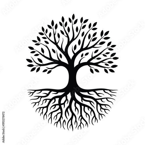 A symmetrical black tree with detailed roots and a circular canopy