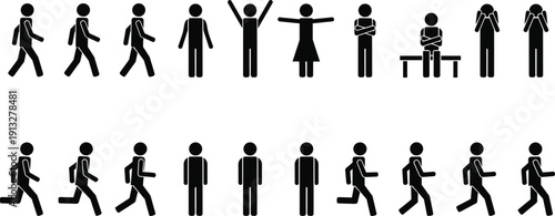 Collection of black vector stick figure icons showing people in various poses like walking running sitting and standing isolated on white background