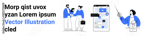 Business communication, digital work, social media, team projects, online learning, instructions. Professionals interacting, smartphone interface teaching scene. Business communication and digital