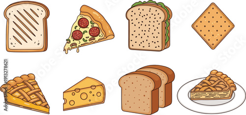 Bakery and snack food icons set. Toast, pizza slice, sandwich and pie. Cheese and bread collection. Detailed vector illustration pack.