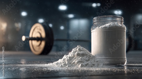 Protein powder in a jar and spilled on the floor in a gym