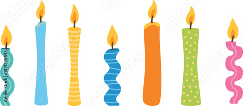 Colorful decorative candles set with burning flames in flat vector style, birthday and celebration candle illustrations isolated on white background