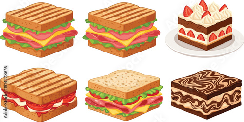 Grilled sandwich and dessert collection set. Club sandwich with cheese and ham. Strawberry and chocolate cake slices. Detailed food vector illustration pack.