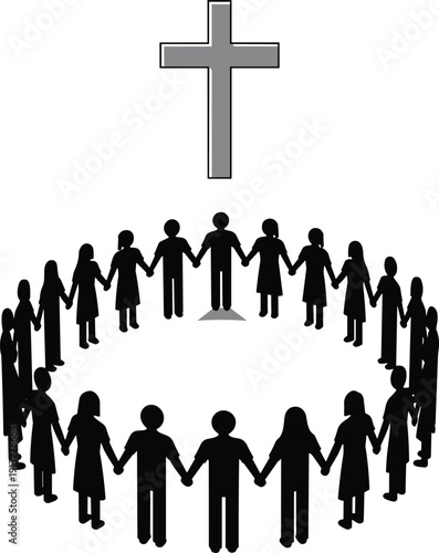 Christian, faith, unity, worship, community, family, circle, cross, religion, spirituality, prayer, support, togetherness, silhouette, adults, children, gathering, harmony, belief, devotion