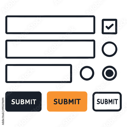 Three different styled submit buttons with form input fields and checkboxes