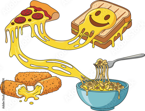 Melting cheese food illustration set. Pizza slice, grilled sandwich and macaroni bowl. Cheesy nuggets with stretchy mozzarella. Fun cartoon vector pack.