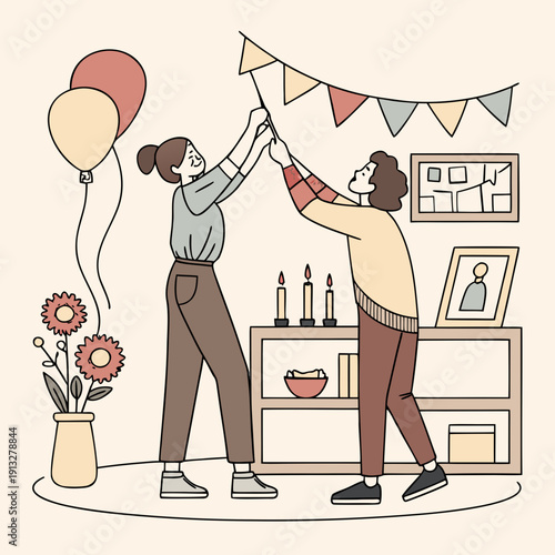 Couple arranges small indoor celebration setup, creating a festive and personalized atmosphere for a special occasion.