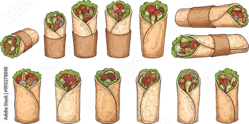 Shawarma wrap collection set. Grilled meat tortilla rolls with fresh vegetables. Street fast food assortment. Detailed vector illustration pack.