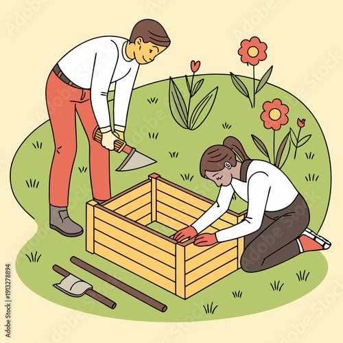 Happy couple works on a small wooden planter box project, enjoying a rewarding DIY activity for their home and garden.