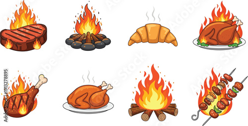 Grilled meat and campfire collection set. Steak, chicken and kebab on fire. Barbecue and roasting food icons. Flaming BBQ vector illustration pack.