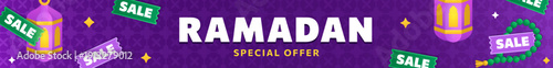 Ramadan special offer panoramic banner with fanous lanterns, tasbih prayer beads and SALE labels on purple Islamic arabesque background. Flat cartoon header design for Eid promotion, e-commerce, ads