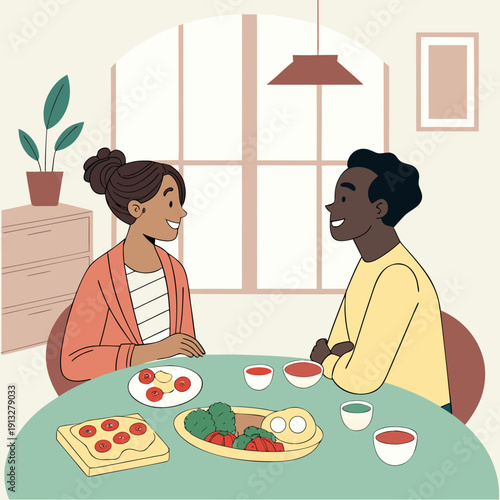 Couple shares a casual and happy weekend brunch at the dining table, celebrating togetherness with food and conversation