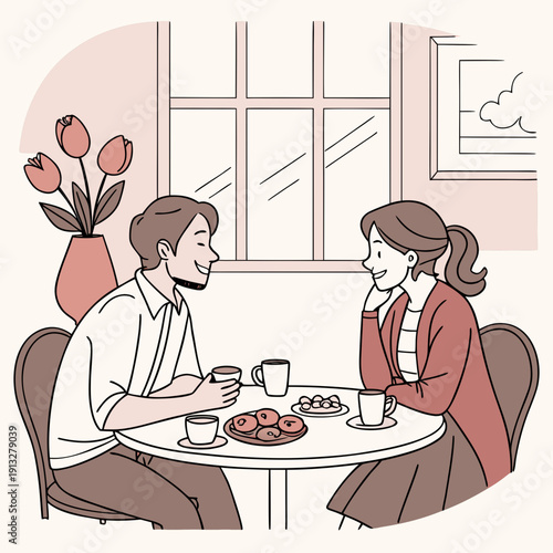 Couple enjoys a warm coffee conversation at a small kitchen counter, vector illustration depicting cozy domestic life