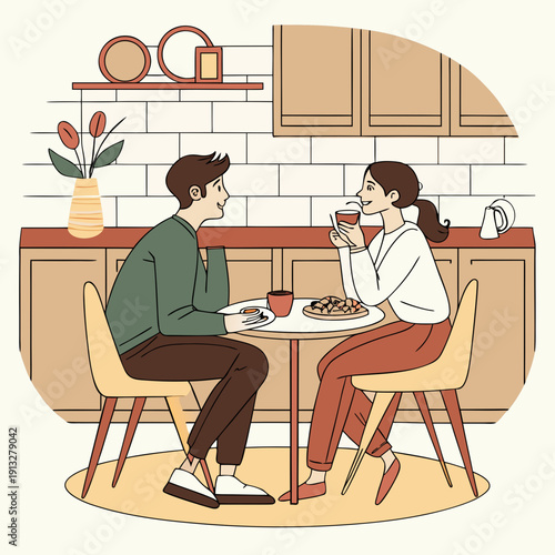 Couple shares a moment of connection over coffee at a small kitchen counter, vector art of everyday intimacy and comfort