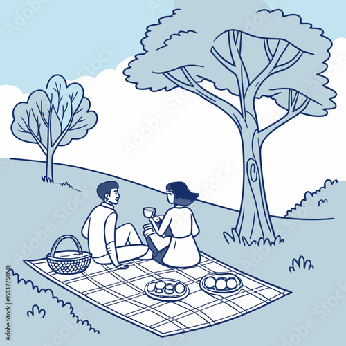 Romantic couple enjoys a sunny outdoor picnic date under a large tree, smiling and relaxing in nature.