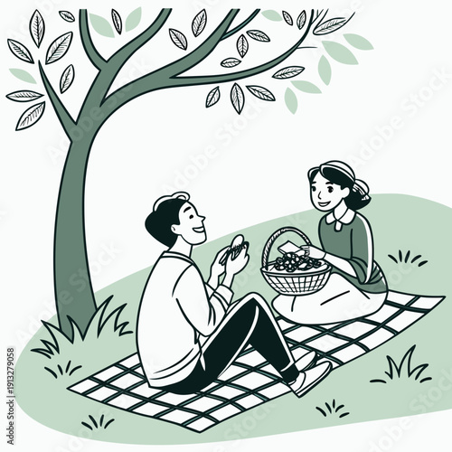 Joyful couple shares a delightful outdoor picnic date under a vibrant tree, embodying happiness and connection.