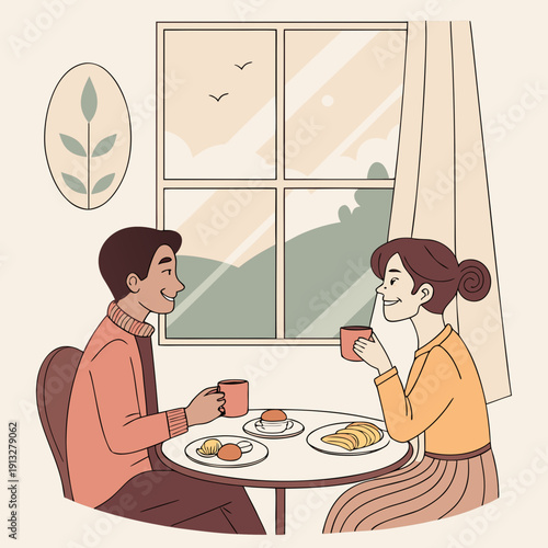 Cozy couple enjoys a quiet morning breakfast by the window, sharing a peaceful moment together at home.