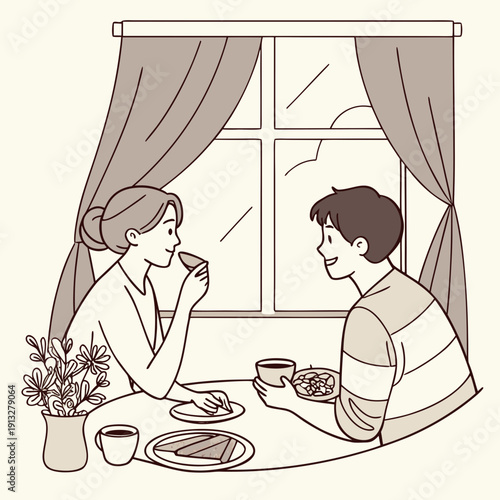 A couple savors a quiet breakfast by the window, creating intimate moments and enjoying a relaxed start to the day.
