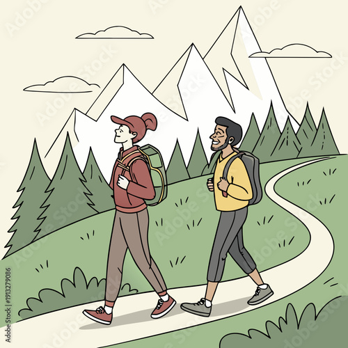 A couple enjoys a vigorous hike amidst majestic mountains, embodying a healthy, active lifestyle.