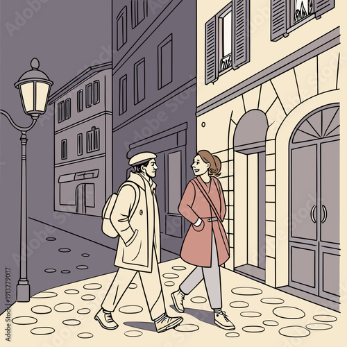Happy couple explores an old town street in casual outfits, enjoying a relaxed and romantic urban adventure.