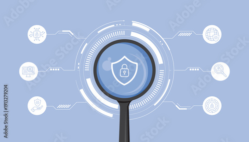 Magnifying glass over shield lock icon symbolizing cybersecurity, data protection, privacy safety, and secure digital technology.