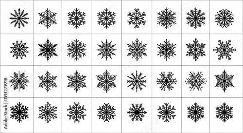 Collection of unique black snowflakes on white background winter decorative elements frosty designs