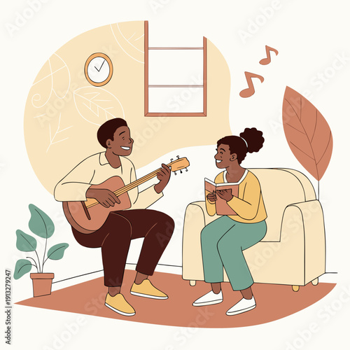A loving couple plays acoustic music together in their home, sharing a moment of harmony and joyful connection.