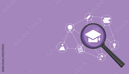 Magnifying glass focusing on graduation cap icon symbolizing education, learning, academic research, and knowledge development.