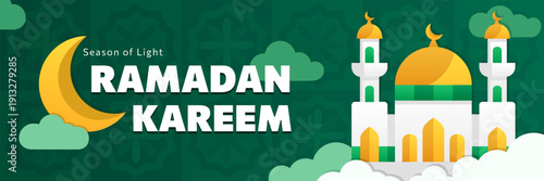 Ramadan Kareem horizontal banner with flat cartoon Mosque, Crescent moon and clouds. Islamic modern bold vector design for Eid greetings, website headers, posters and Muslim social media covers.