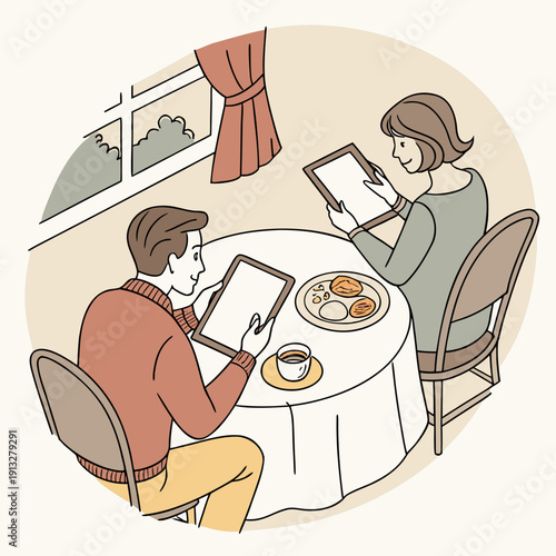 Couple reading news on a tablet together at a breakfast table, enjoying a modern morning routine with coffee and smiles.