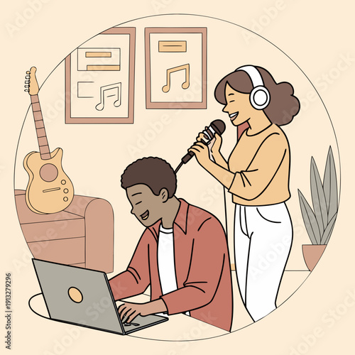 Creative couple collaborating on home music recording project, focused on sound production with microphone and equipment, illustration.