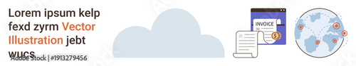 Data storage, cloud computing, global transactions, payment systems, invoicing, financial services. A cloud, invoice document and world map with location markers are . Cloud computing and global