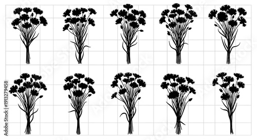 Black floral designs on grid paper for crafting and art projects with multiple flower arrangements