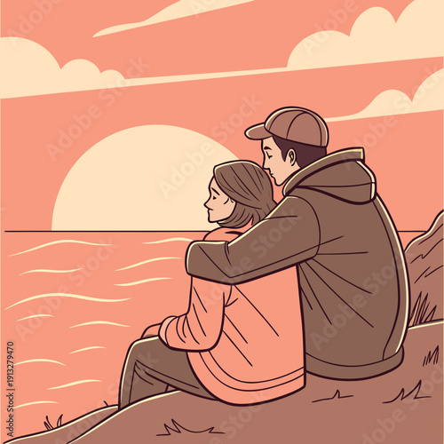 Silhouette of a couple sitting together watching a vibrant sunset over the water, romantic vector art