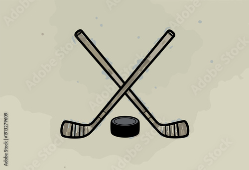 simple vector icon of hockey with a stick and puck on a beige background