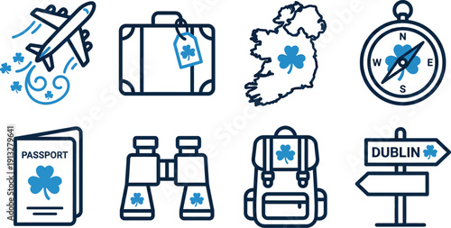 Ireland travel and tourism icon set blue dual tone vector elements for airplane passport compass Irish vacation adventure suitcase map holiday trip