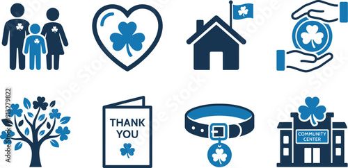 Community love and family luck icons blue minimalist vector symbols for family heart shamrock house social unity kindness relationship support togetherness