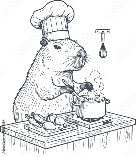 hand drawn style illustration of a capybara chef cooking in a kitchen with a pot and vegetables with no white fills for versatile background integration