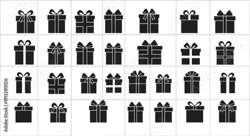 Black gift box icons in grid pattern on white background for decoration and design