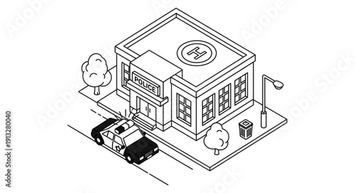 Police Station Building with Patrol Car Outside Isometric View.