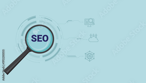 Magnifying glass highlighting SEO concept with icons, representing search optimization strategy and digital marketing.