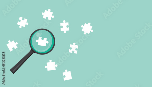 Magnifying glass focusing on puzzle piece representing problem solving, solution search, strategic thinking, and business innovation.