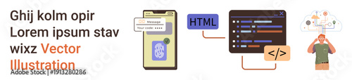 Cybersecurity, software development, programming education, user interfaces, data encryption, app design. Smartphone, coding screen and a person interacting with technology. Cybersecurity