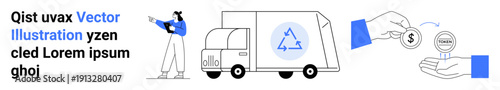 Delivery truck featuring a recycling icon, person directing actions, and hands exchanging money. Ideal for sustainability, recycling, delivery, payments, eco-awareness, logistics simple landing page