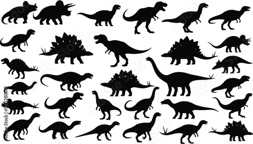Dinosaur silhouette collection, prehistoric animal vector, T-Rex illustration, Triceratops silhouette, Stegosaurus art, Brachiosaurus design, fossil icon, Jurassic wildlife, black silhouette artwork